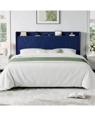 King Size Bed Frame with Storage Headboard and Charging Station Wingback Velvet Upholstered Platform Bed Frame, Solid Wood Slats Support