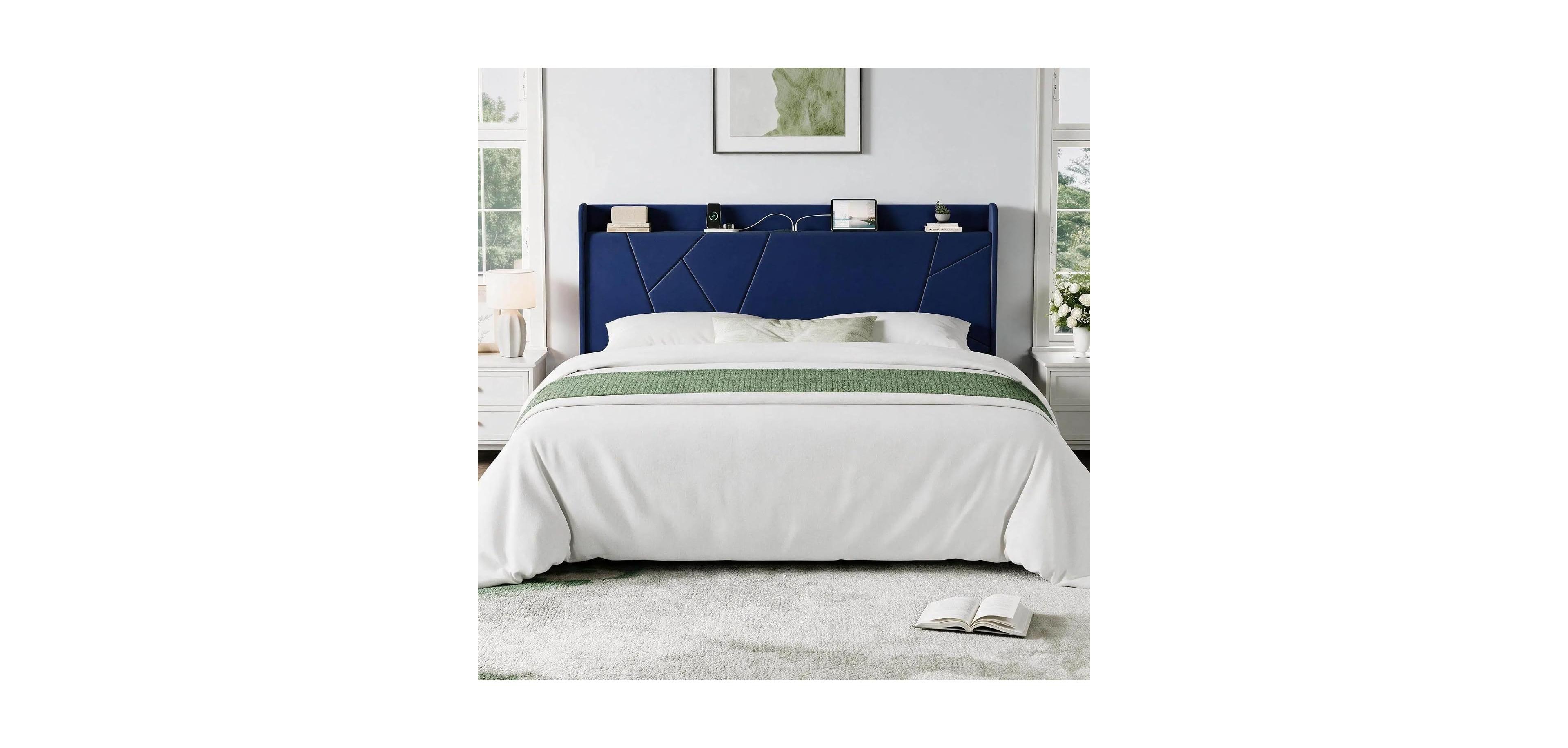 gaomon King Size Bed Frame with Storage Headboard and Charging Station Wingback Velvet Upholstered Platform Bed Frame