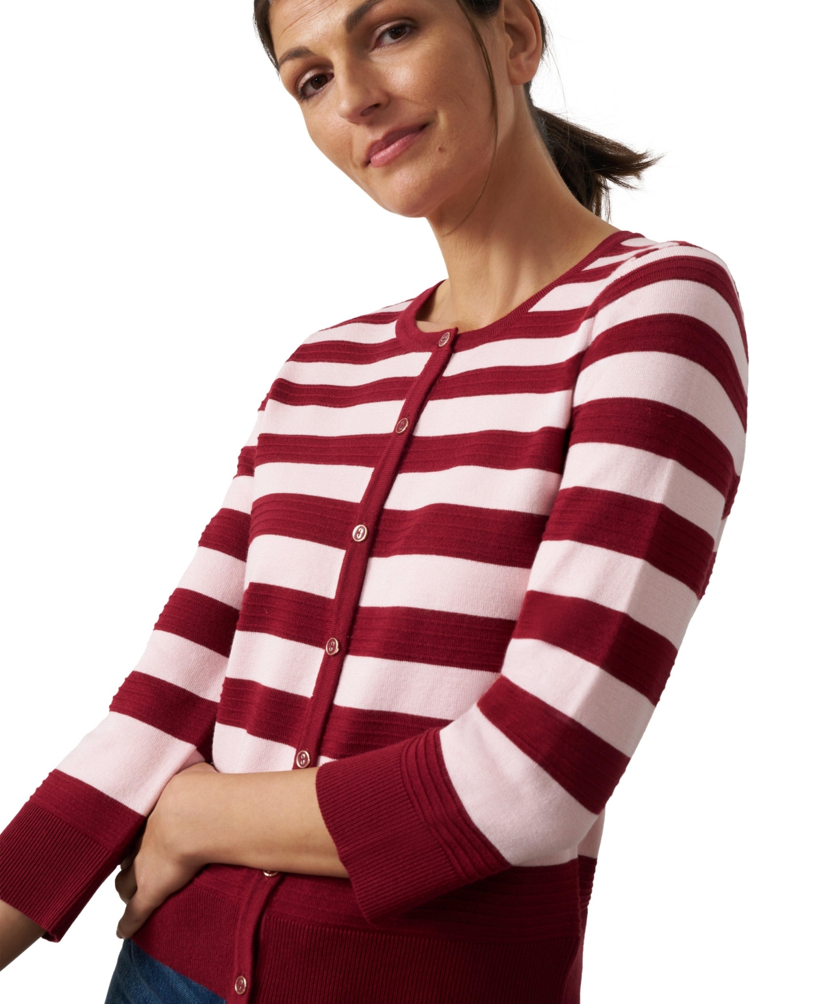 Cable & Gauge Women's Textured Variegated Stripe Crewneck Cardigan