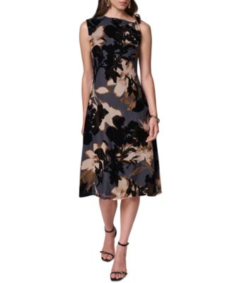Women's Velvet Burnout Asymmetrical-Neck Midi Dress