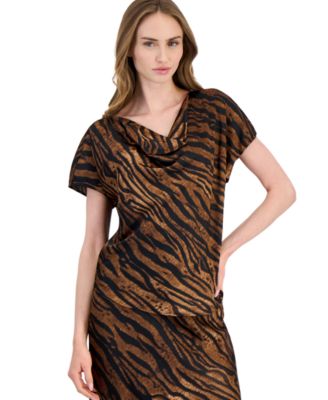 Petite Animal Print Cowl Neck Short-Sleeve Blouse