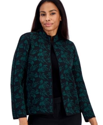 Petite Kissing Front Jacquard Floral-Print Collarless Cardigan