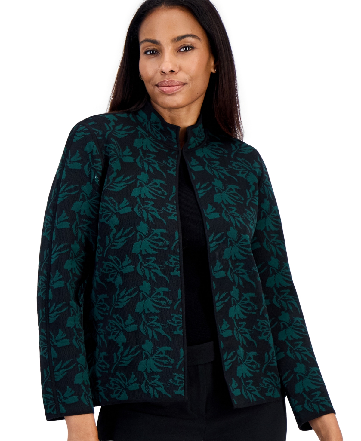 Kasper Petite Kissing Front Jacquard Floral-Print Collarless Cardigan