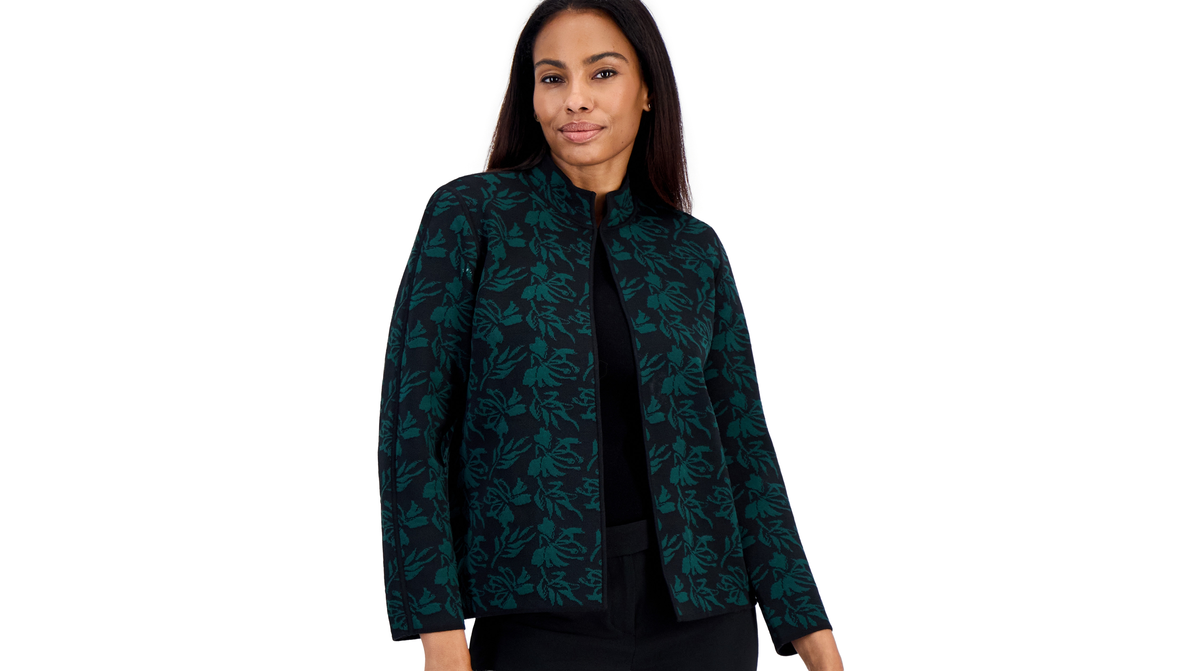 Kasper Petite Kissing Front Jacquard Floral-Print Collarless Cardigan