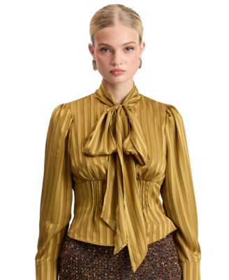 Women's Long-Puff Sleeve Scarf-Tie Neck Blouse