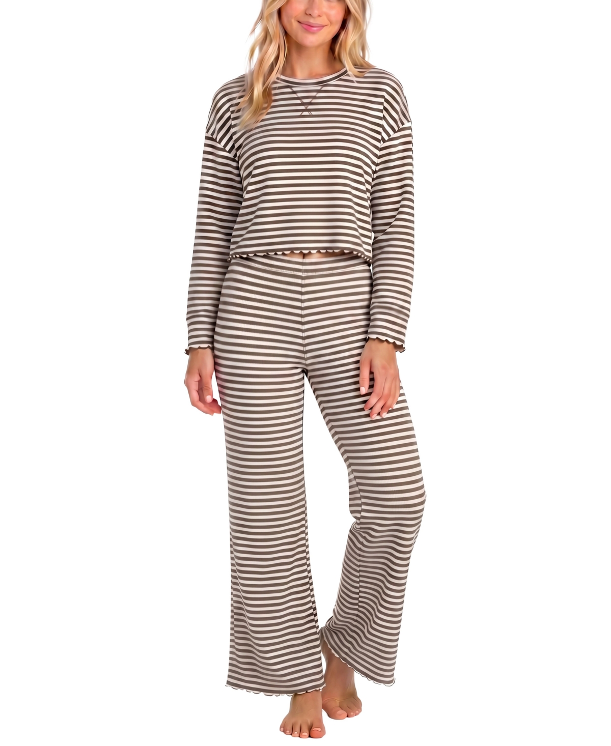 Sincerely Jules Women's Wonderluxe Striped Long-sleeve Top And Wide-leg Pants Pajama Set In Feeder Stripe,deep Espresso