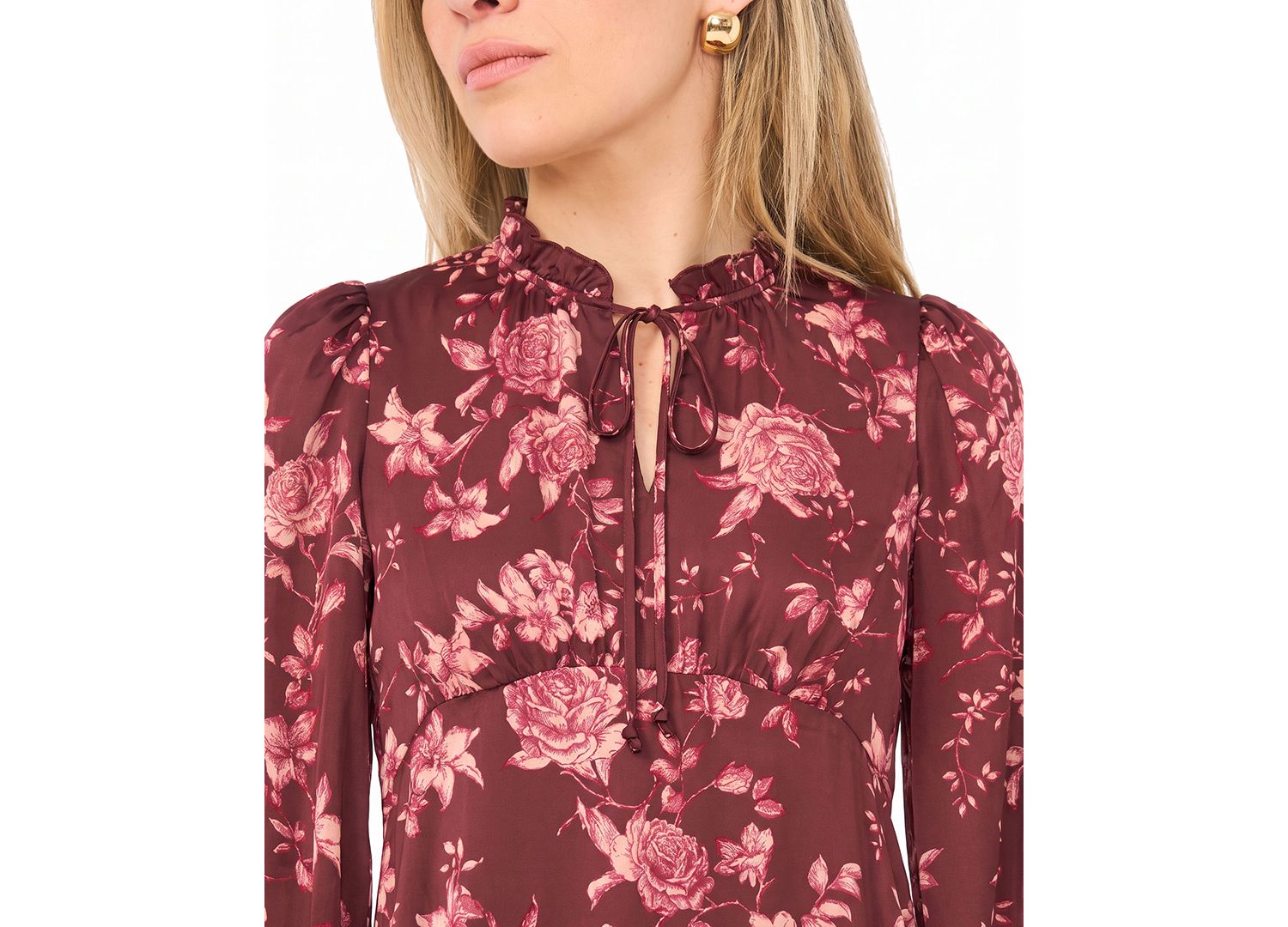 Petite Tie Neck Satin Midi Floral A-Line Dress
