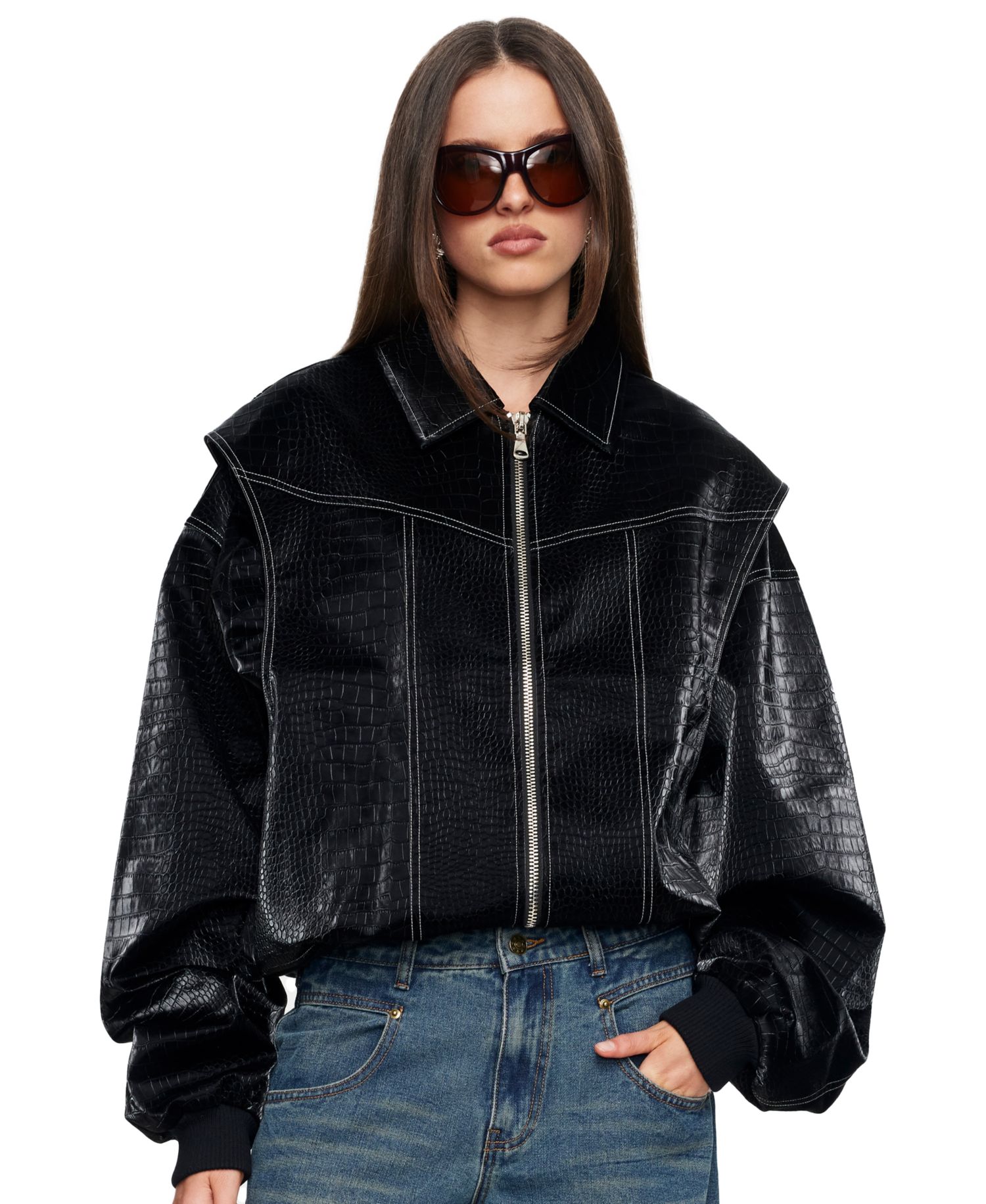 Women's Vista Cropped Croc-Embossed Bomber Jacket