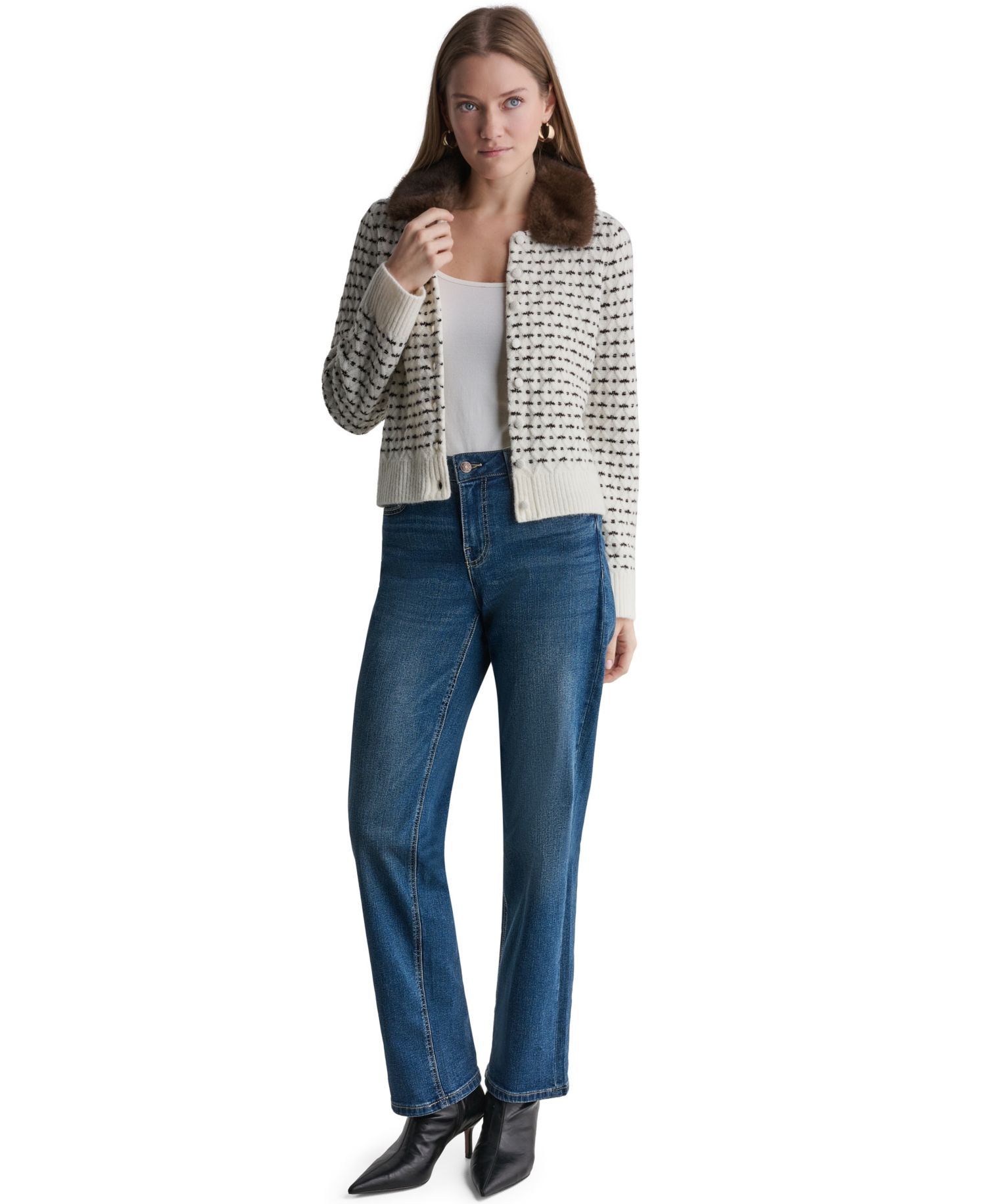 Women's Long-Sleeve Faux Fur Collar Cardigan