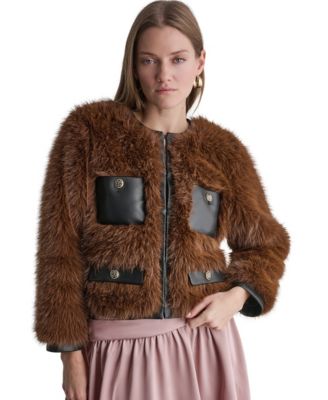 Women's Cropped Faux Fur Jacket with Faux Leather Trim