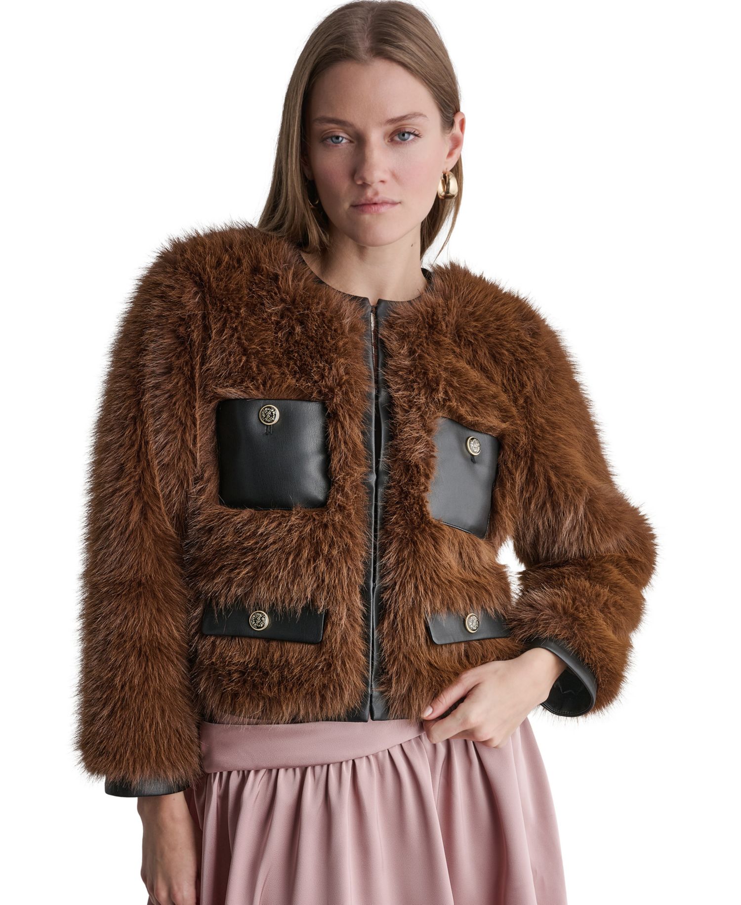 Women's Cropped Faux Fur Jacket with Faux Leather Trim