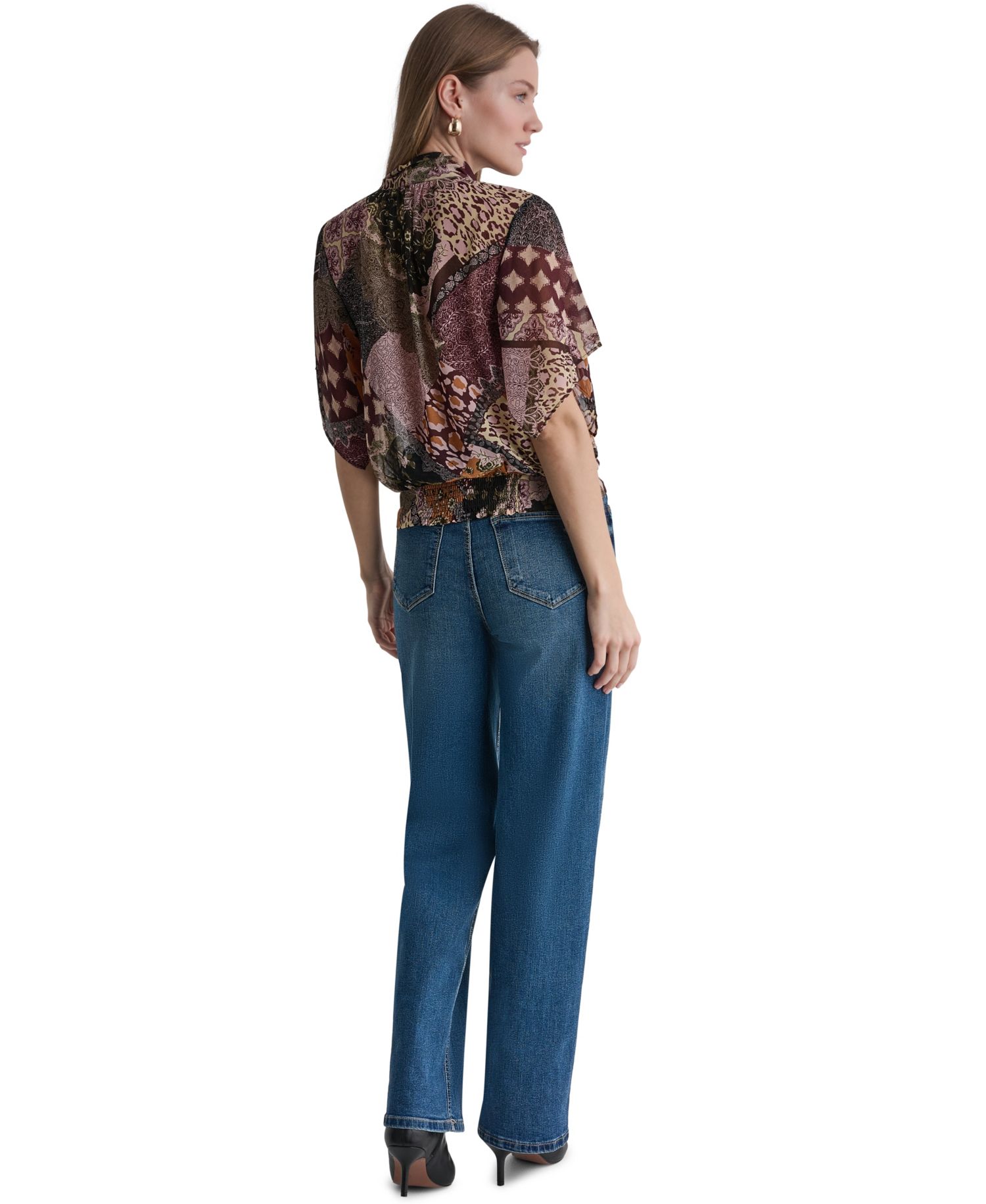 Women's Bow Neck Mixed Print Short-Sleeve Blouse