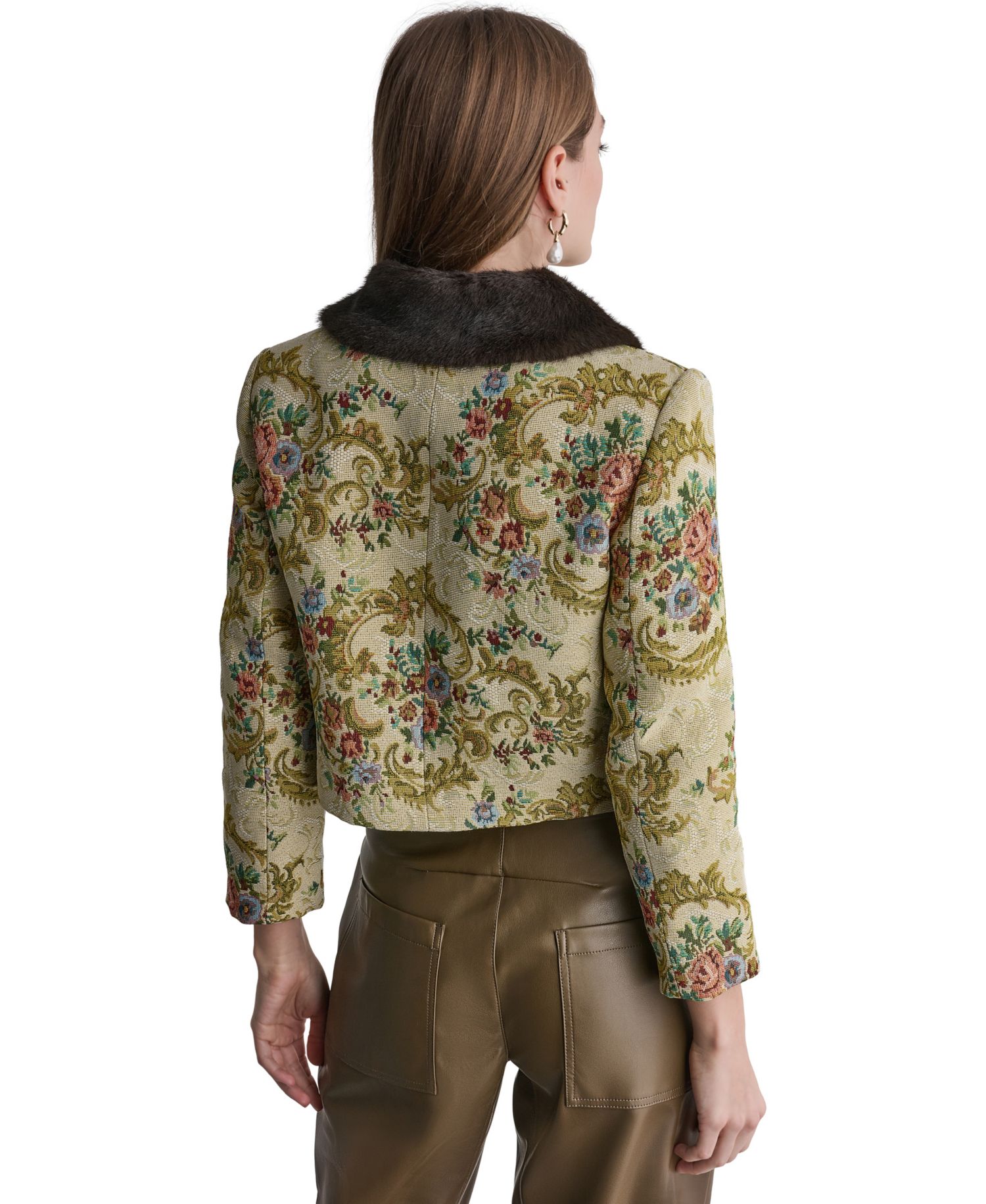 Women's Tapestry Faux-Fur-Collar 3/4-Sleeve Jacket