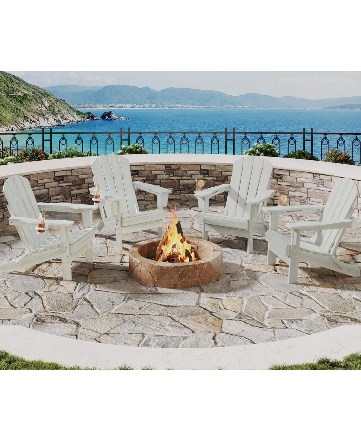 gaomon 4 Piece Hdpe Folding Adirondack Chair Set with Wood Grain Texture and Cup Holders - White