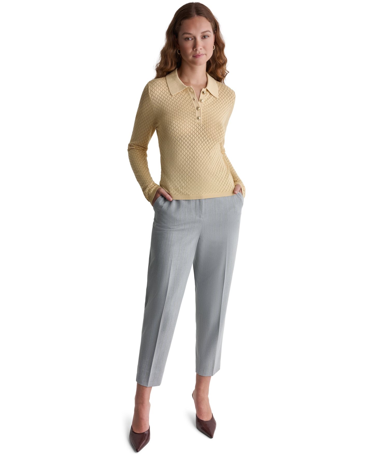 Женское поло BCBG Long-Sleeve Knit Polo, цвет: Honeylit — фото 2