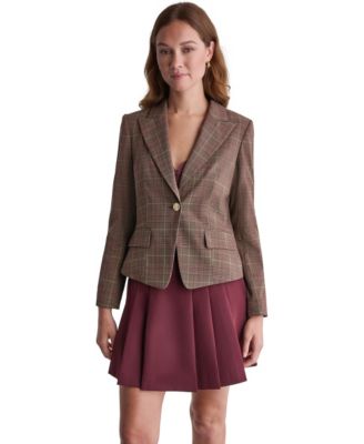 Women's Plaid Shoulder-Padded Stretch Blazer