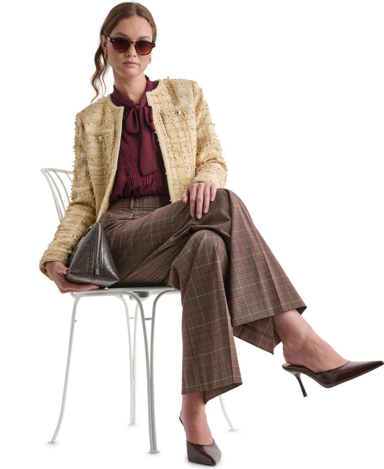 Women's Cropped Plaid Shoulder-Pad Jacket