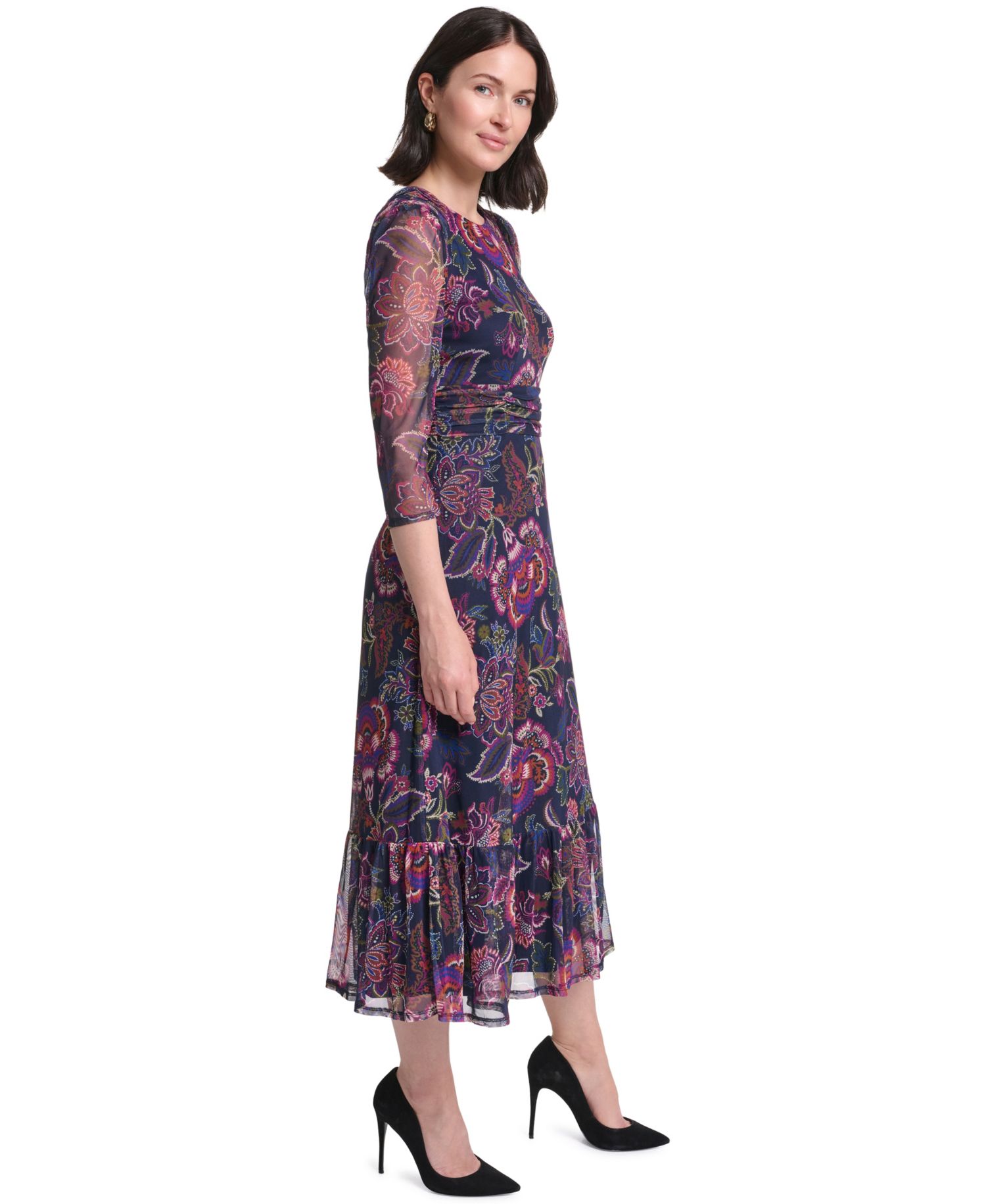 Petite Floral-Print A-Line 3/4-Sleeve Midi Dress