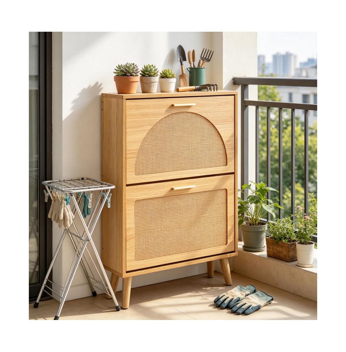 Slickblue Compact Shoe Cabinet with Space-Saving Design, Wood Legs and Handles