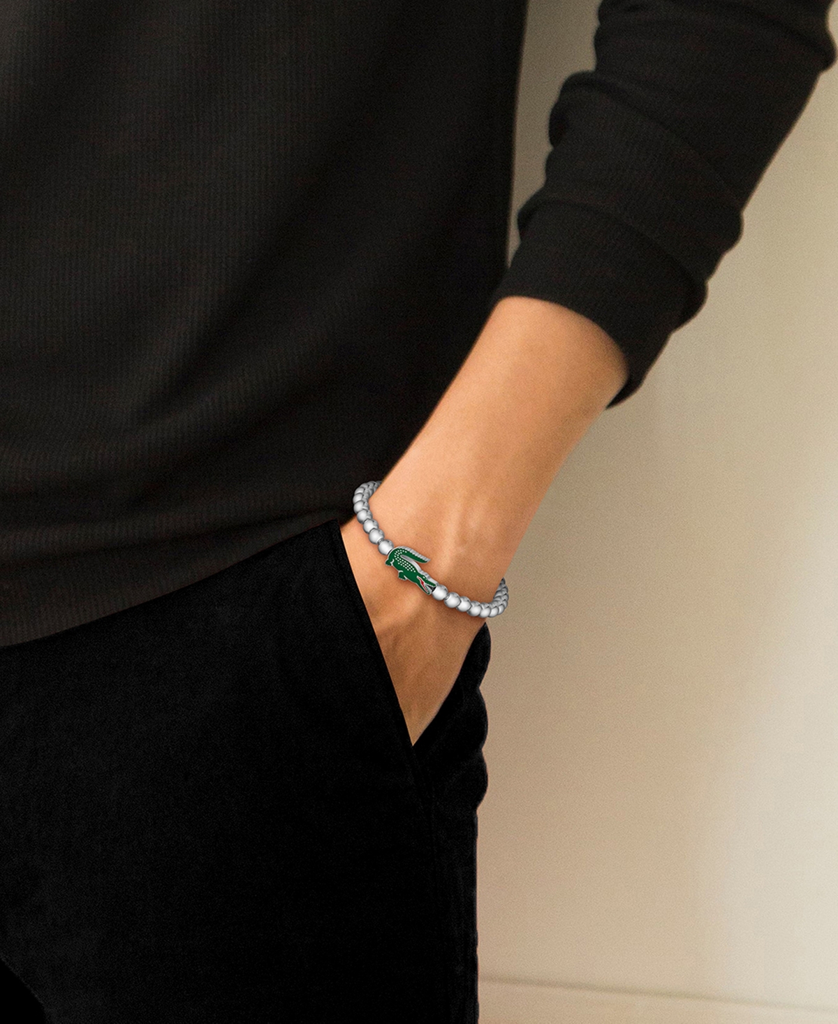 Lacoste Men's Matchpoint Silver-Tone Stainless Steel with Green Enamel Crocodile Beaded Bracelet