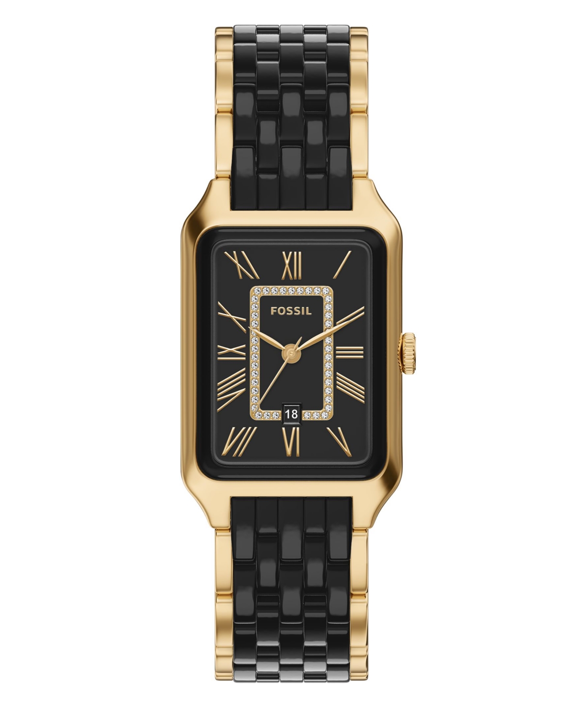 Fossil Women's Raquel Three-Hand Date Gold-Tone Stainless Steel and Black Ceramic Watch 26mm