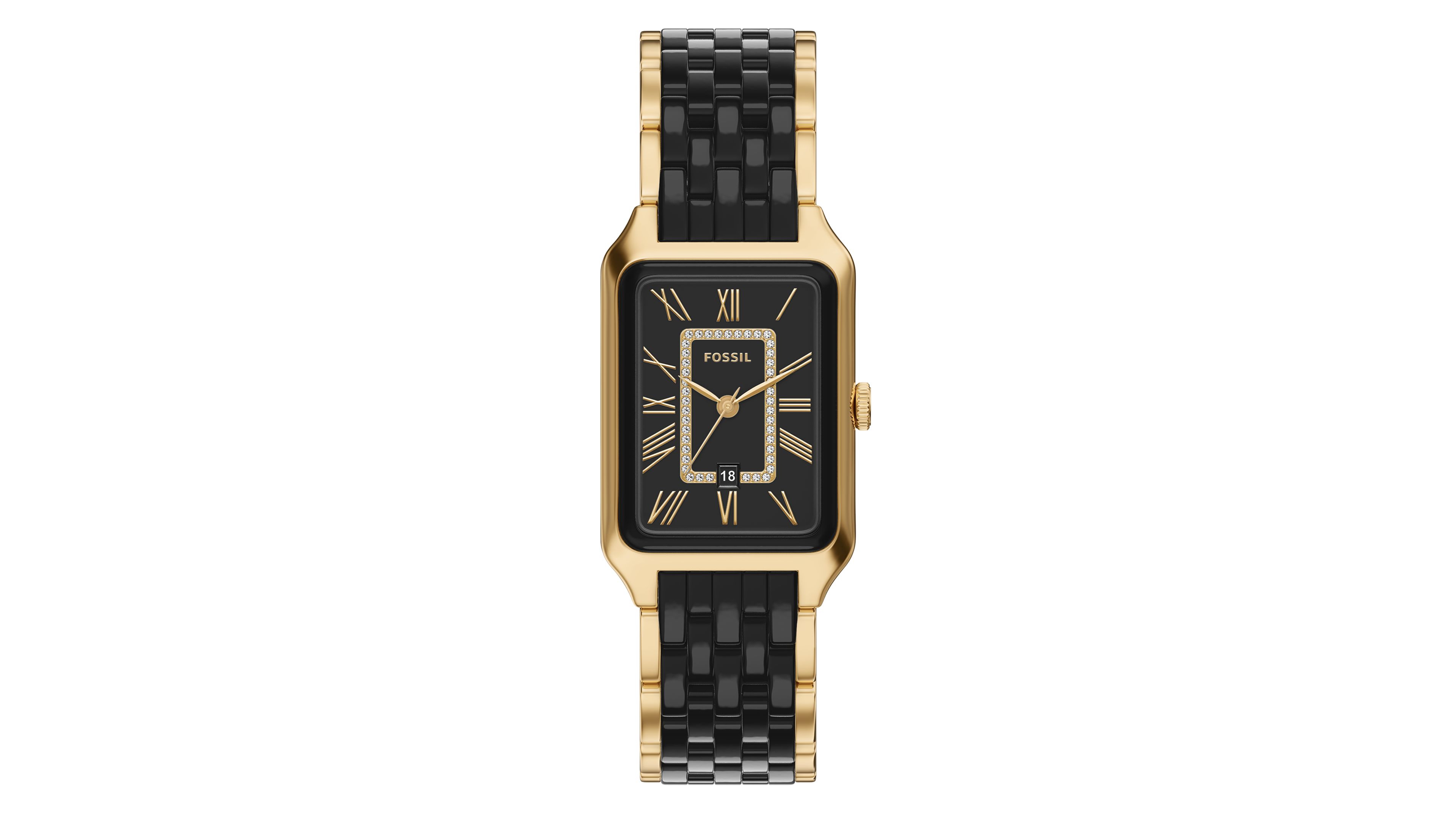 Fossil Women's Raquel Three-Hand Date Gold-Tone Stainless Steel and Black Ceramic Watch 26mm