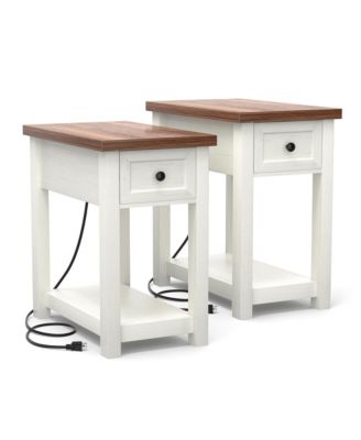 Set of 2 14" Wooden Nightstands with Charging Station and Drawer