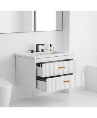 30in Modern Floating Bathroom Vanity with basin - Wall Mounted Storage Cabinet, 2 Soft-Close Drawers, Gold Handles, Water-Resistant Resin Basin