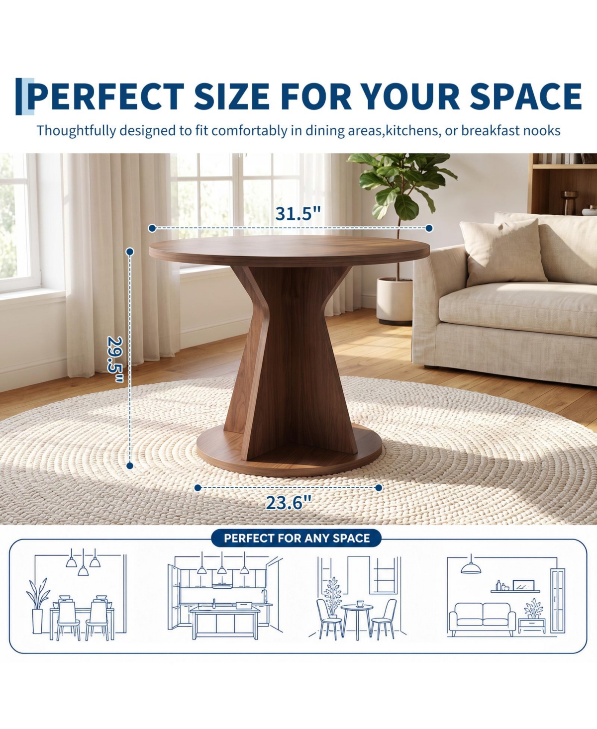 homfan Round Dining Table, Modern Pedestal Kitchen Table with 1.18" Thick Tabletop & Sturdy Base, Seats 4, for Room