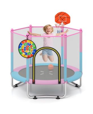 60'' Kids Trampoline With Basketball Hoop Dartboard No-gap Design Safe Enclosure Net