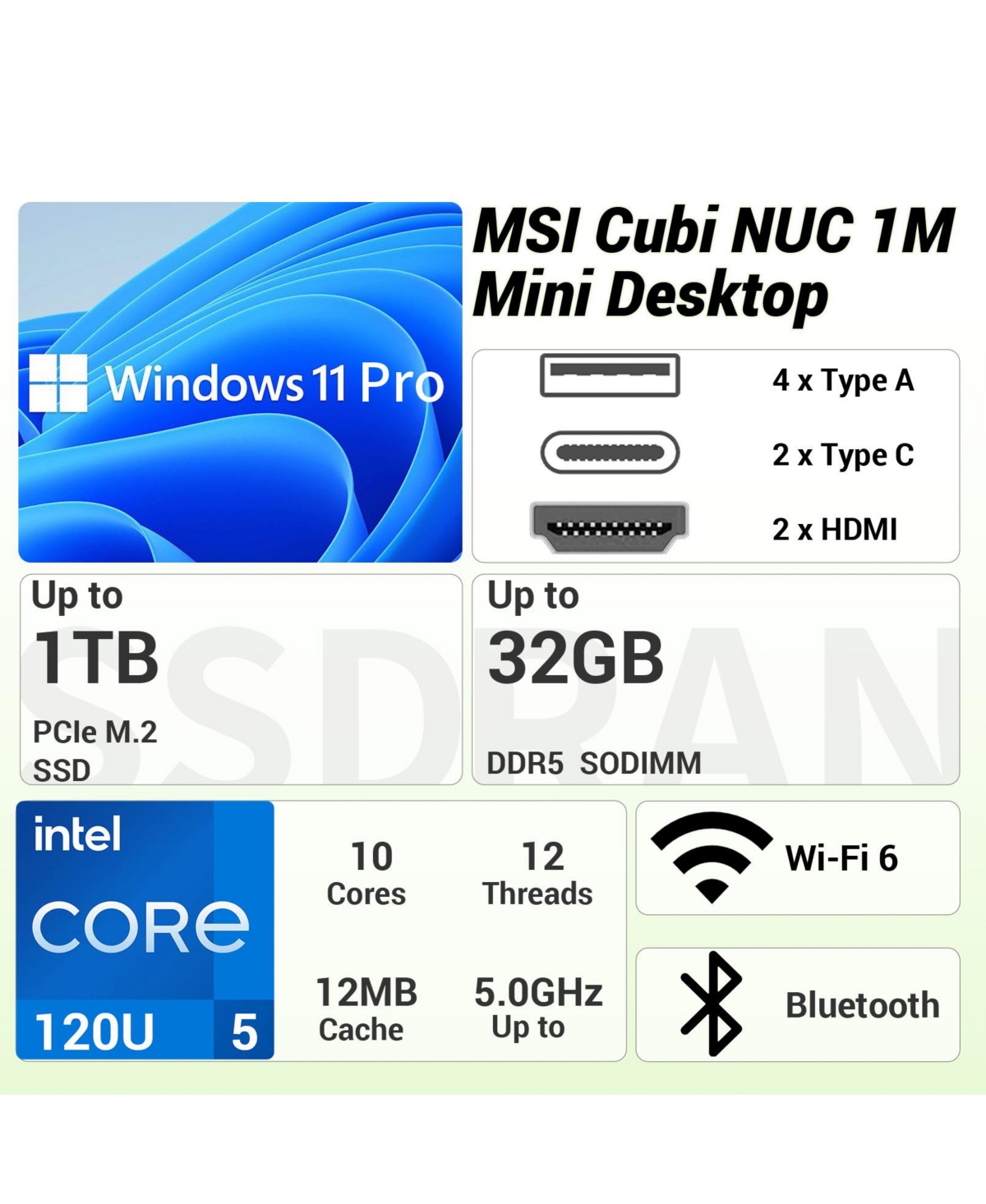 Msi Cubi Business Mini Desktop, Intel Core 5 120U, Intel Graphics, 16GB DDR5, 512GB Ssd, Wi-Fi 6, Win11 Pro, Black
