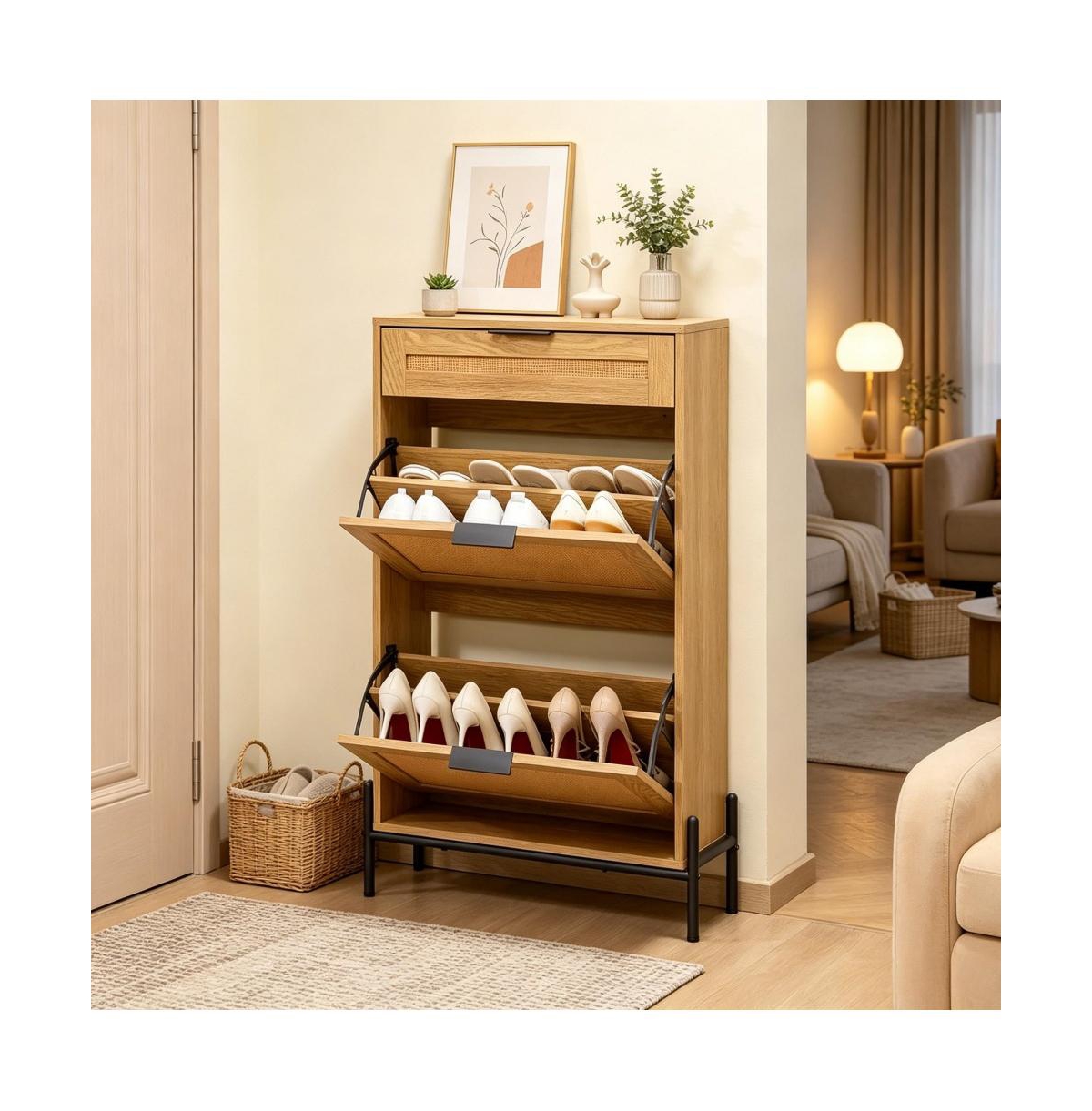 Slickblue Shoe Storage Cabinet with Rattan Finish, Flip-Top Drawer and Metal Legs