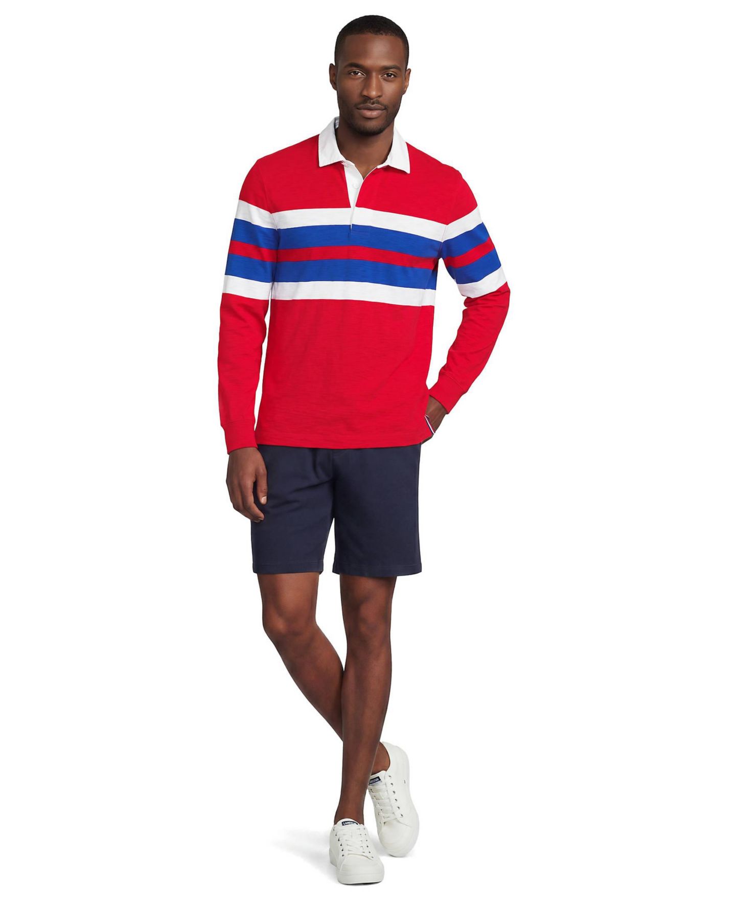 Мужское поло Lands' End Long Sleeve Lightweight Slub Rugby Polo, цвет: Красный / Полосатый — фото 4