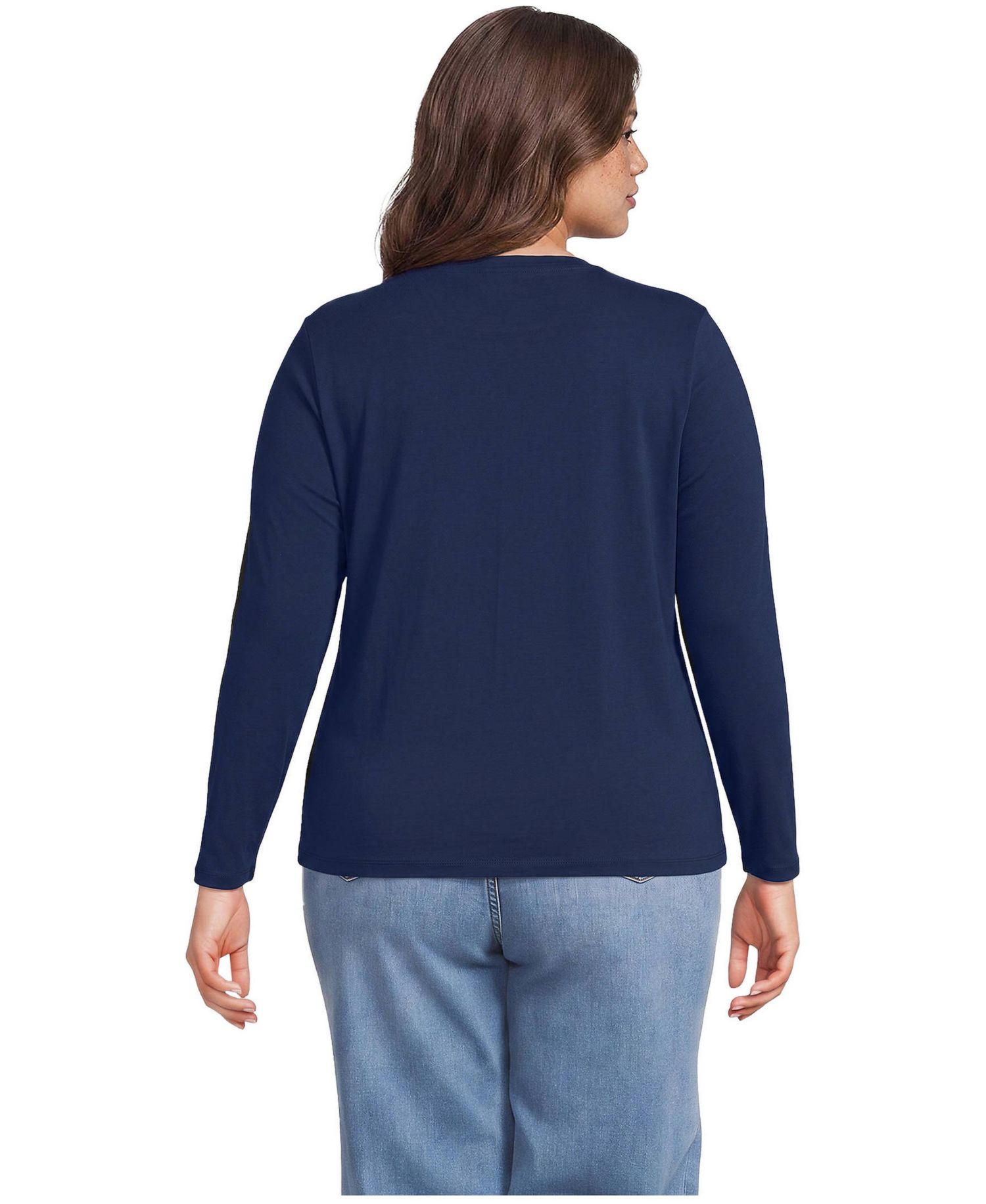 Plus Size Supima Cotton Long Sleeve Embroidered Crew Neck T-Shirt