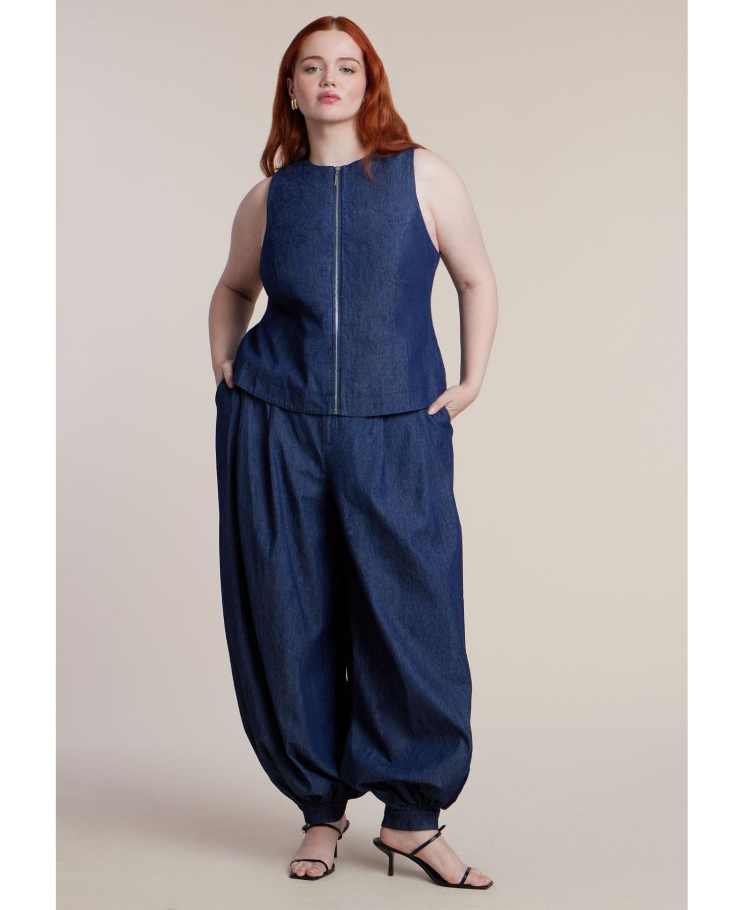 Plus Size Chambray Zip Up Women's Top