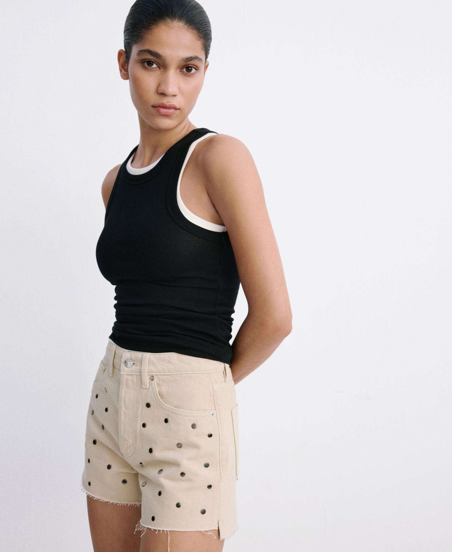 Women's High-Waisted Studded Denim Shorts, 2.95" Inseam