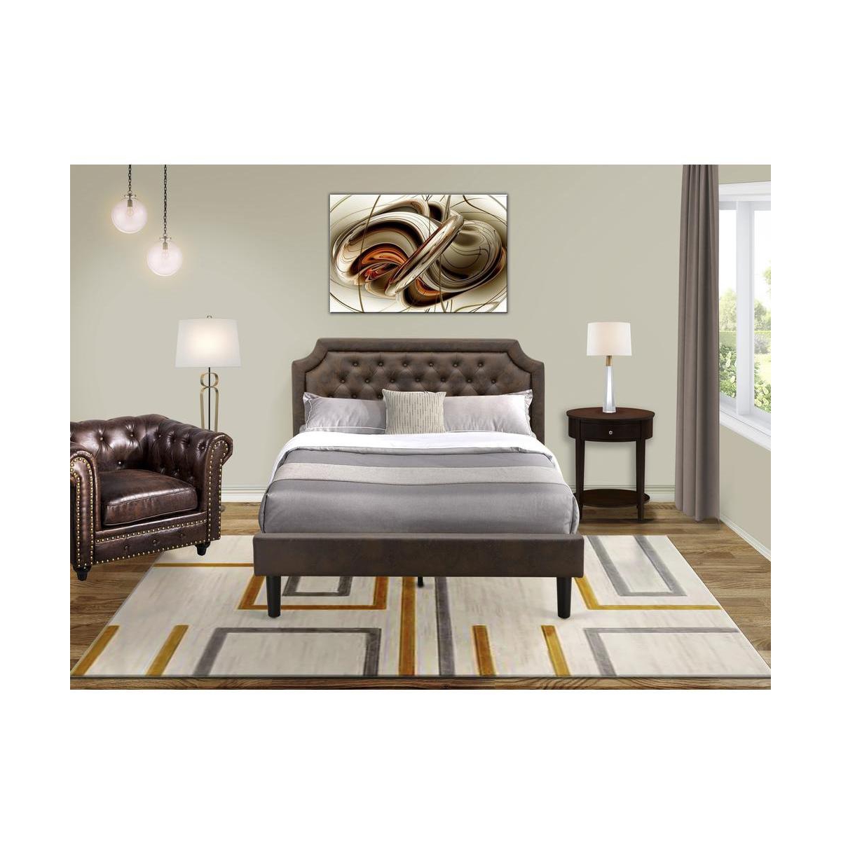 East West Furniture GB25Q-1HI0M 2-Piece Bedroom Set with Mid Century Bed and 1 Antique Mahogany Night Stand - Dark Brown Faux Leather and Black Legs
