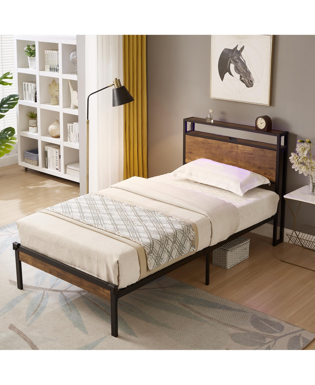 Slickblue Twin Metal Bed Frame with Wooden Headboard and Footboard for Bedroom