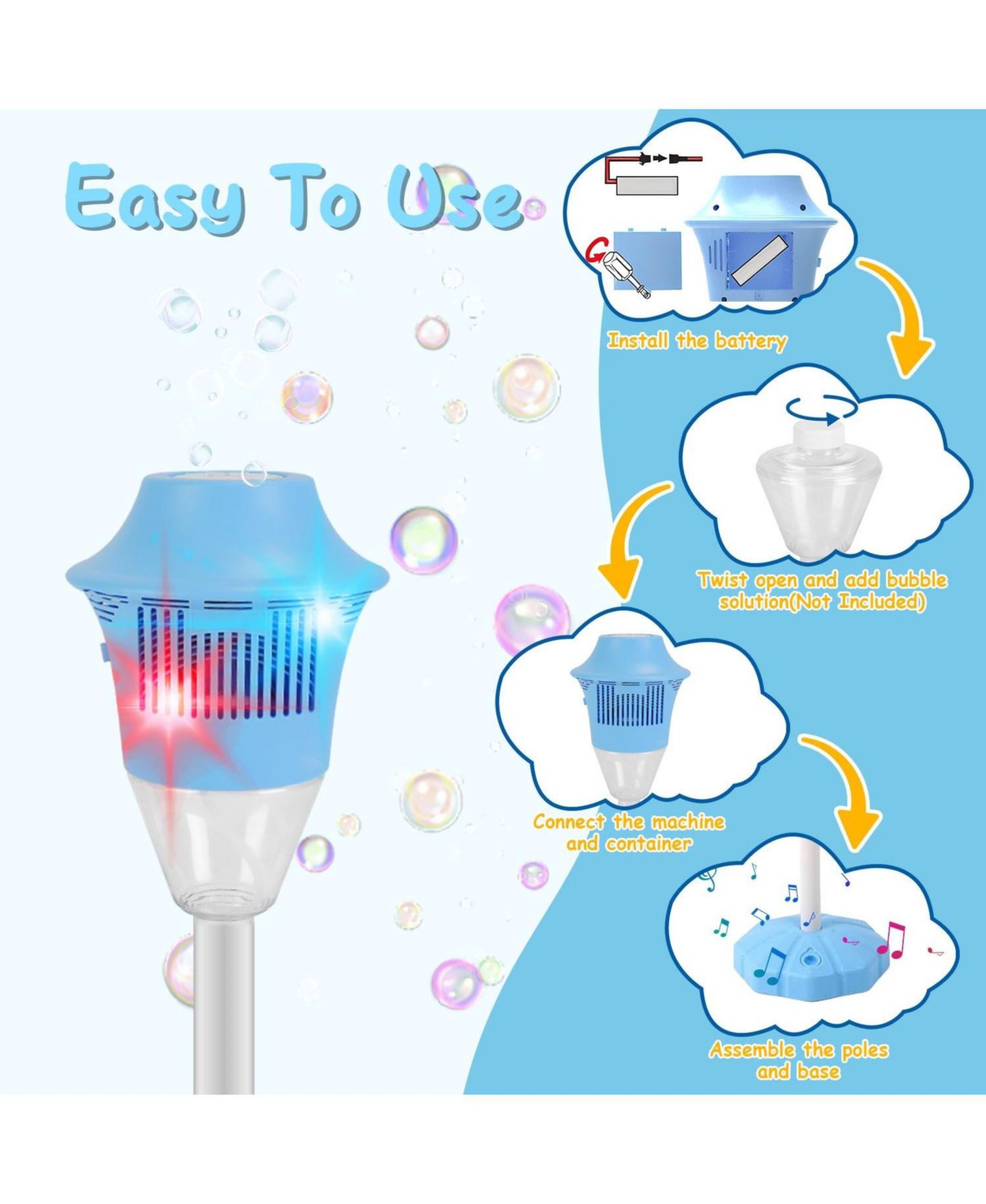 Детские игрушки ZENY 3-in-1 Rechargeable Standing Bubble Machine with Music and Lights, Adjustable Height, 2-Pack, Ages 3+, цвет: Синий — фото 7