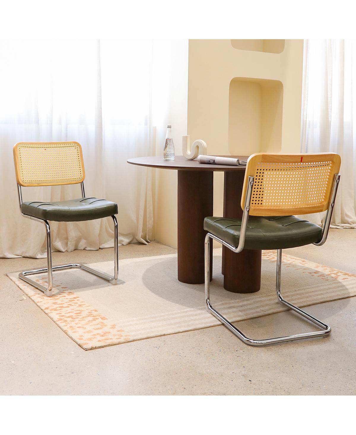 Flynama Set of 2 Faux Leather Rattan Cantilever Dining Chairs, Chrome Tubular Steel Breuer Frame Stackable Side Chairs
