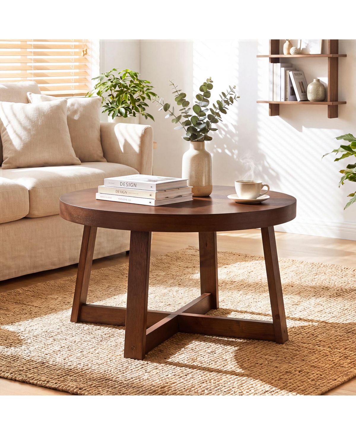 Gymax 30'' Wood Accent Table Thickened Top Cross-shaped Support Frame for Living Room Walnut