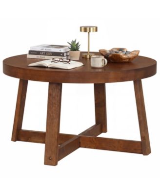 30'' Wood Accent Table Thickened Top Cross-shaped Support Frame for Living Room Walnut