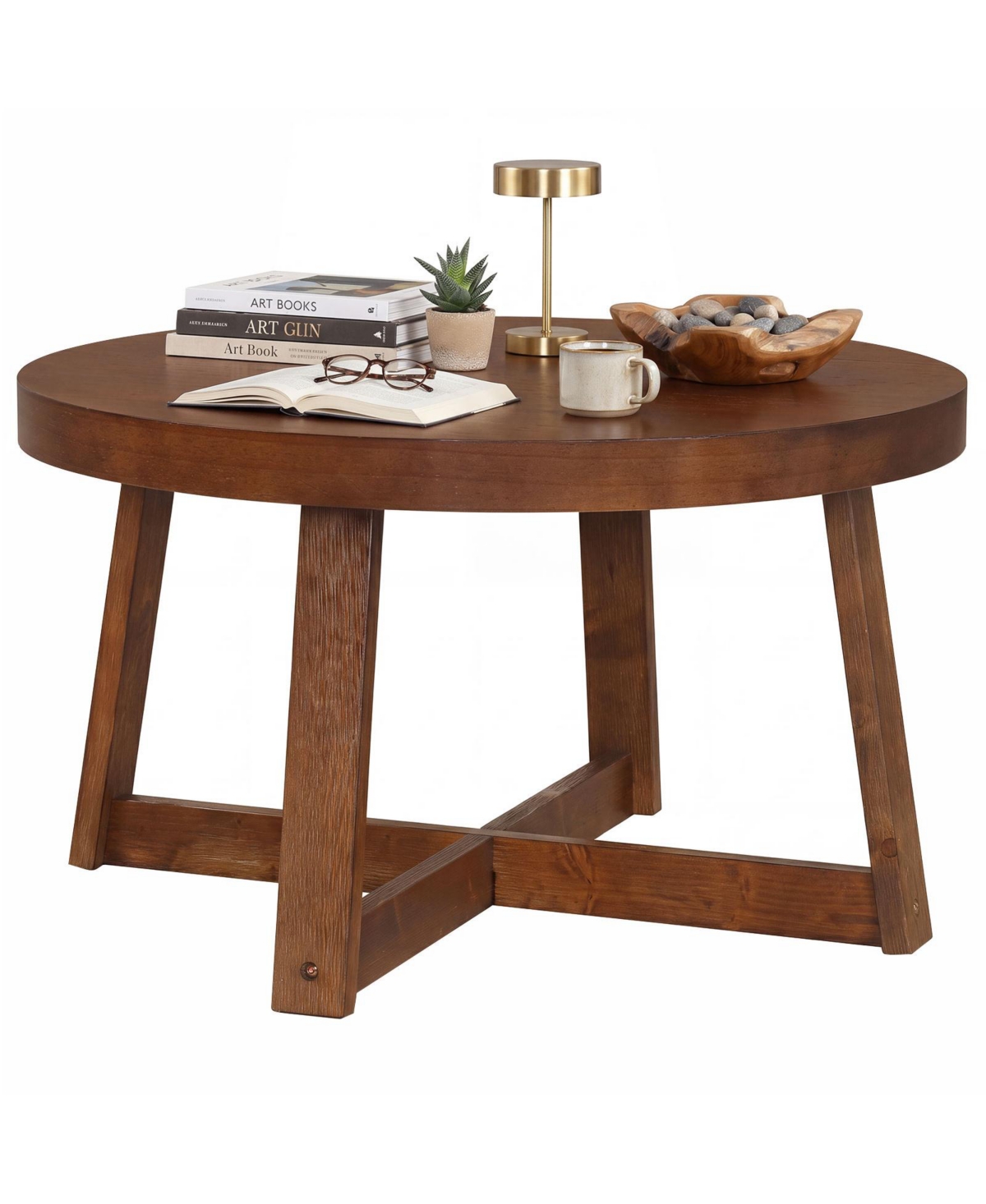 Gymax 30'' Wood Accent Table Thickened Top Cross-shaped Support Frame for Living Room Walnut