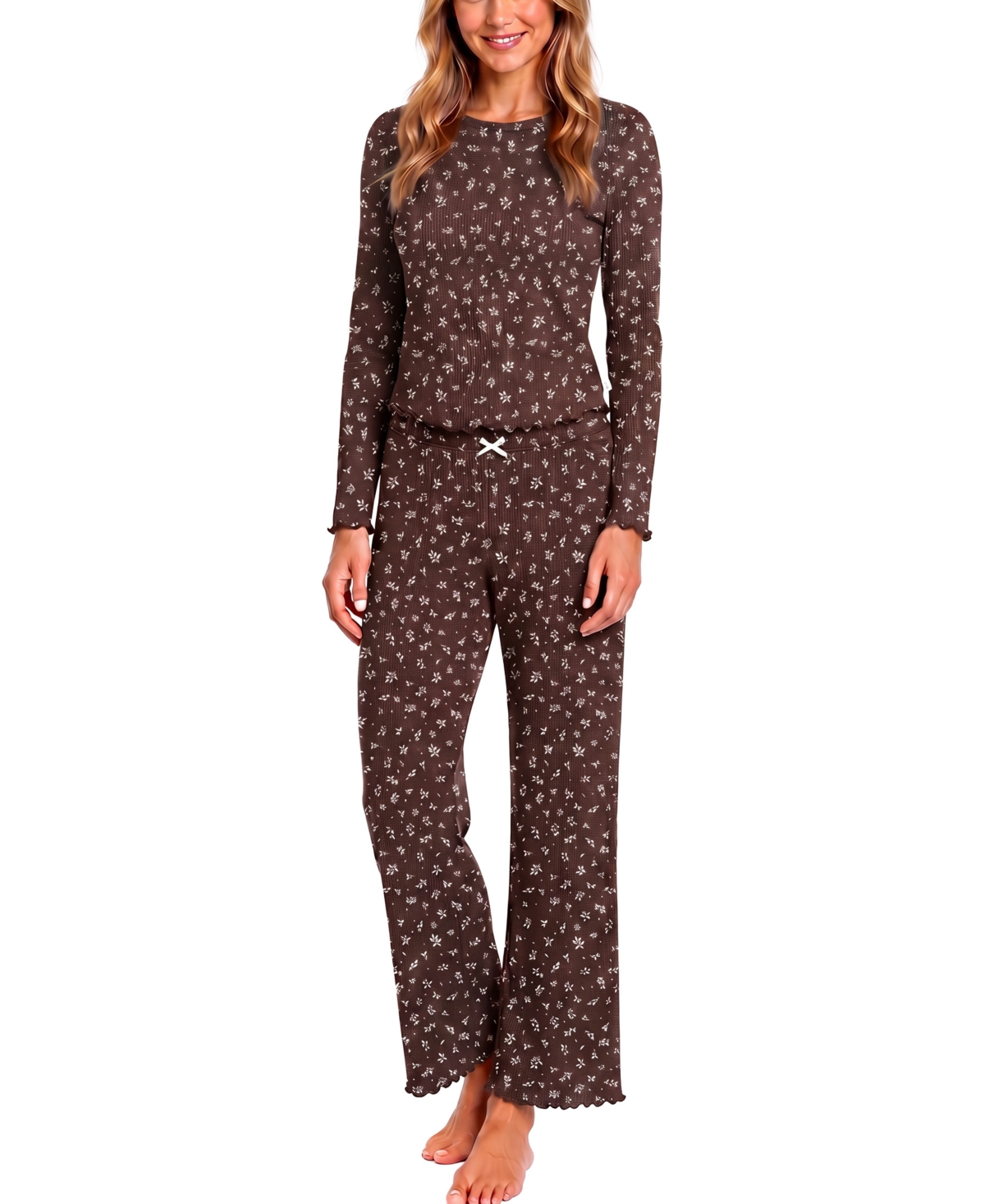 Sincerely Jules Women's Wonder Rib 3x3 Floral-print Ribbed Top And Pants, 2-piece Set In Mono Ditsy,deep Espresso