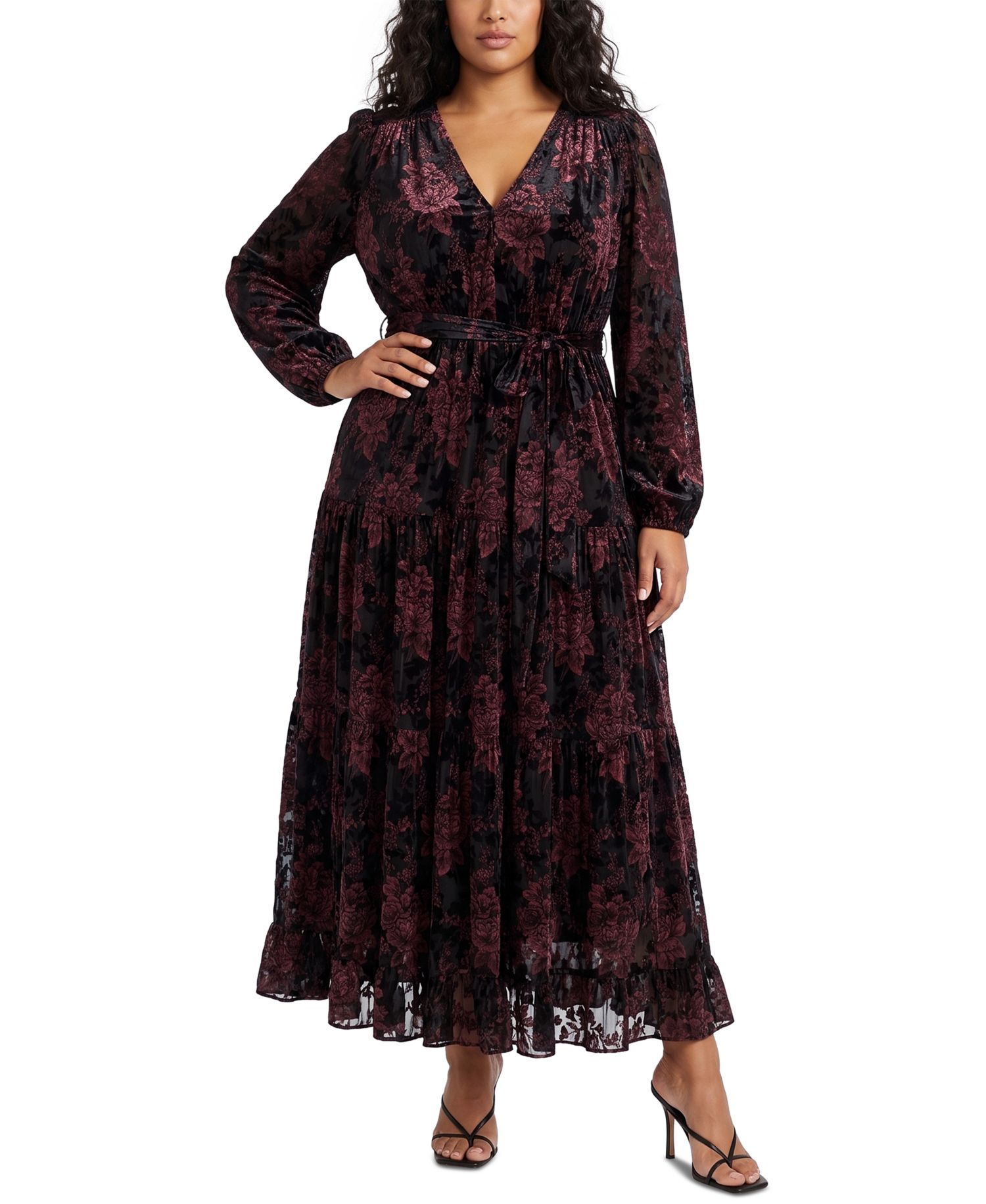 Plus Size Burnout Velvet Maxi Floral A-Line Dress