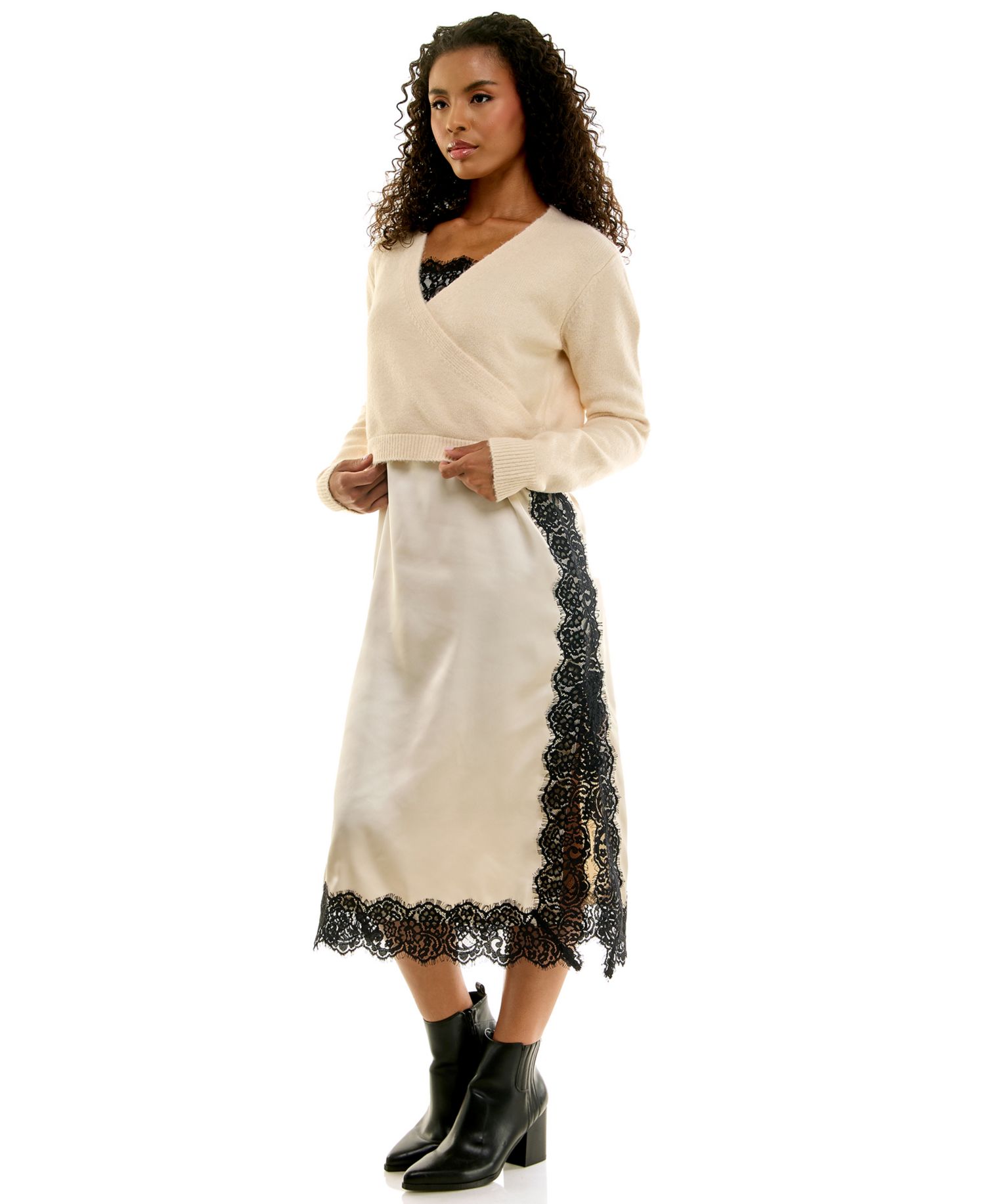 Juniors' Wrap Sweater and Lace Trim Midi Slip Dress, 2-Piece Set