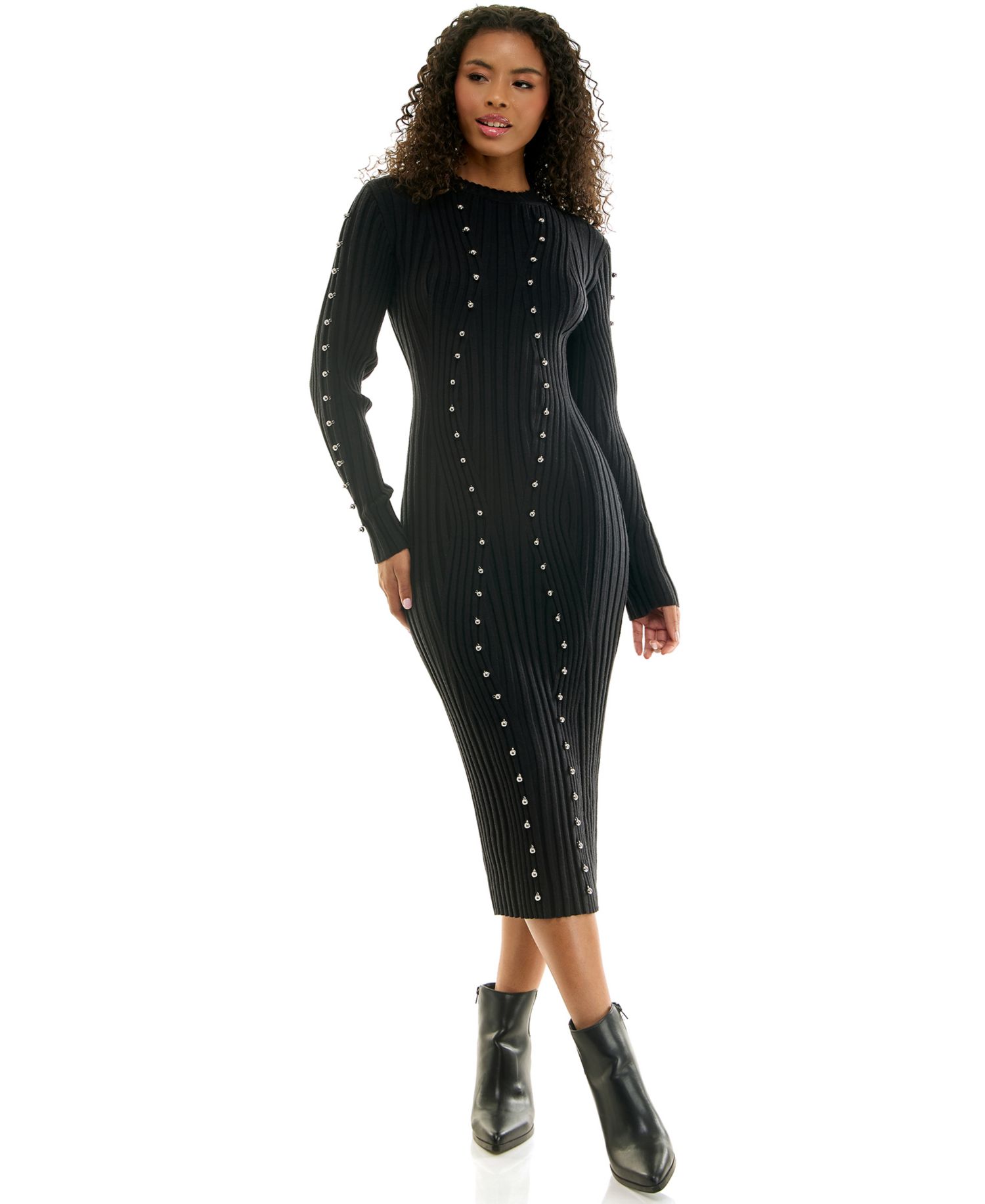 Juniors' Long Sleeve Metal Bead Ring Trim Mock Neck Midi Sweater Dress