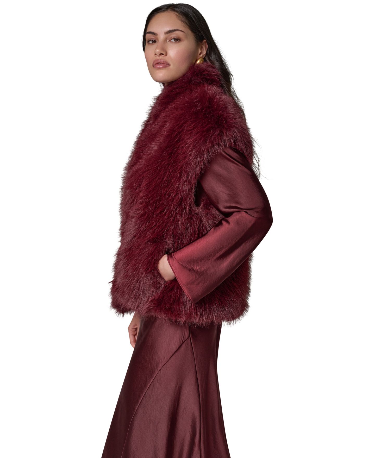 Женский жилет Donna Karan New York Faux-Fur Sleeveless Vest, цвет: Чёрный вишнёвый — фото 11