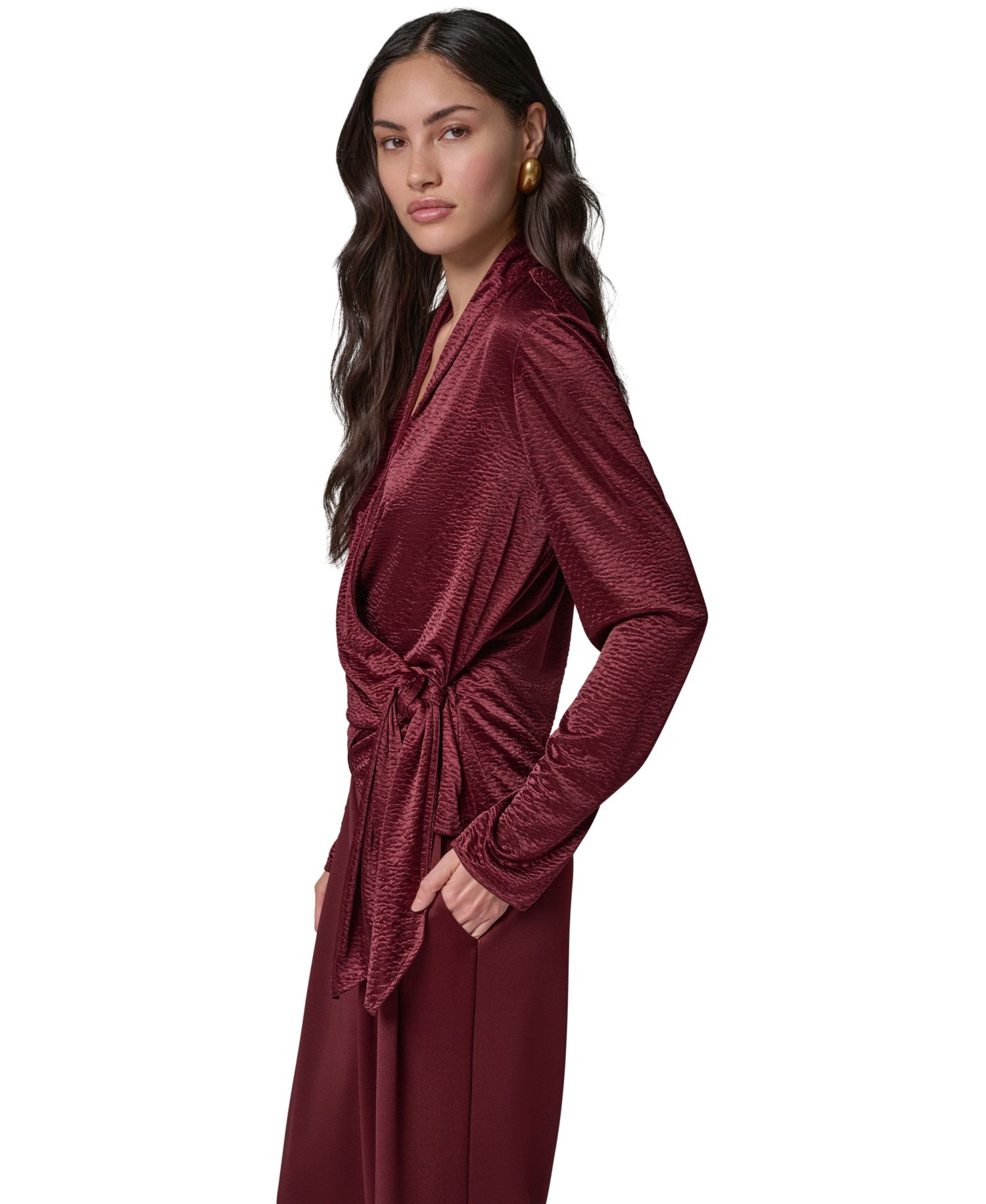 Women's Long-Sleeve Crinkled V-Neck Blouse