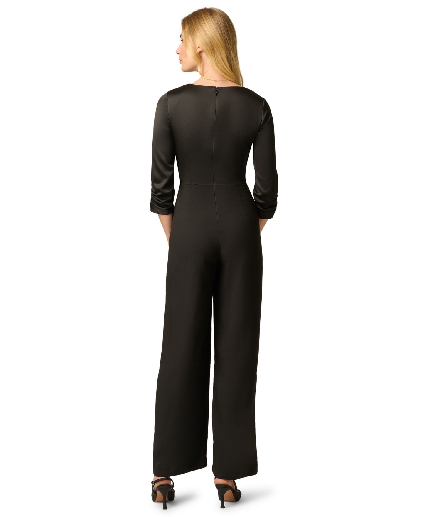 Женский комбинезон Adrianna Papell Wide-Leg V-Neck 3/4 Sleeve Satin Crepe Jumpsuit, цвет: Чёрный — фото 5